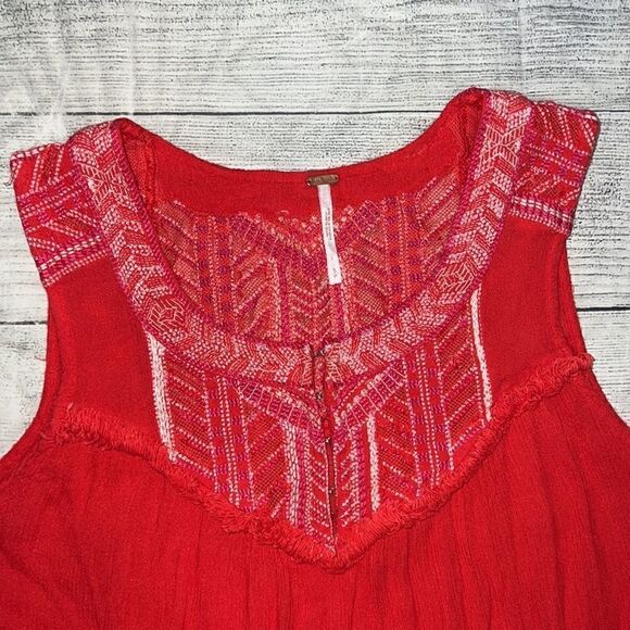 Free People City Limits Dress Red Embroidered Sleeveless Pockets sz S Small Boho - Picture 6 of 10